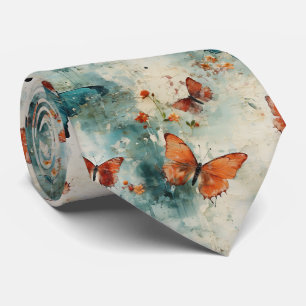 Teal Butterfly English Garden Vintage Floral Neck Tie
