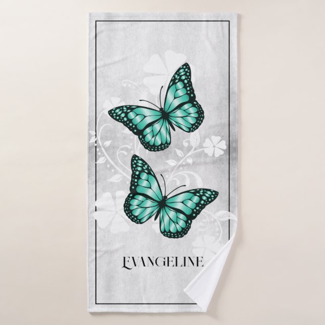 Teal Butterfly Floral Bath Towel Set (Bath Towel)