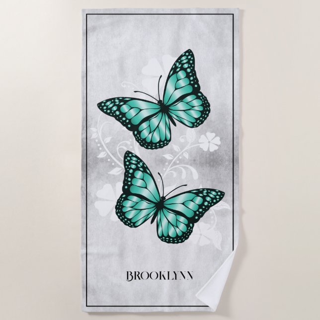 Teal Butterfly Floral Beach Towel (Front)