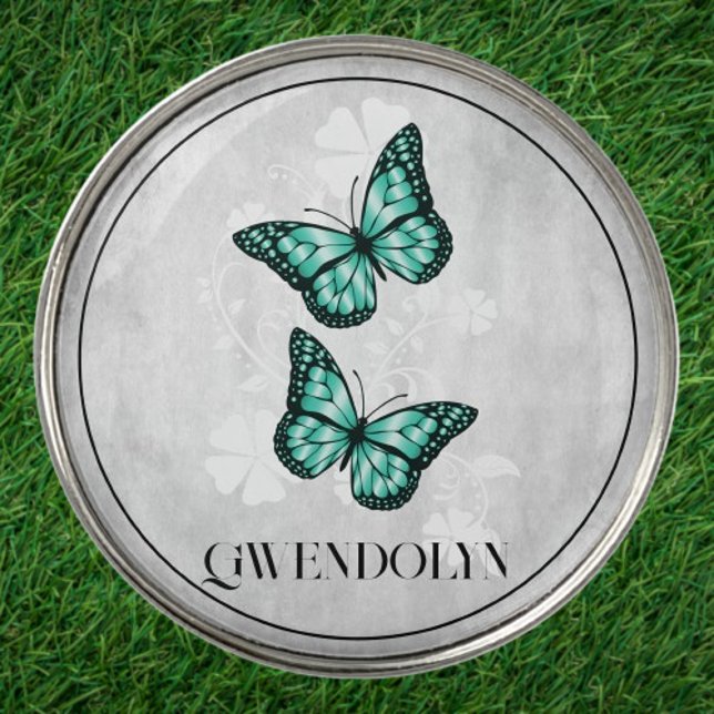 Teal Butterfly Floral Golf Ball Marker (Teal Butterfly Floral Personalized Golf Ball Marker)