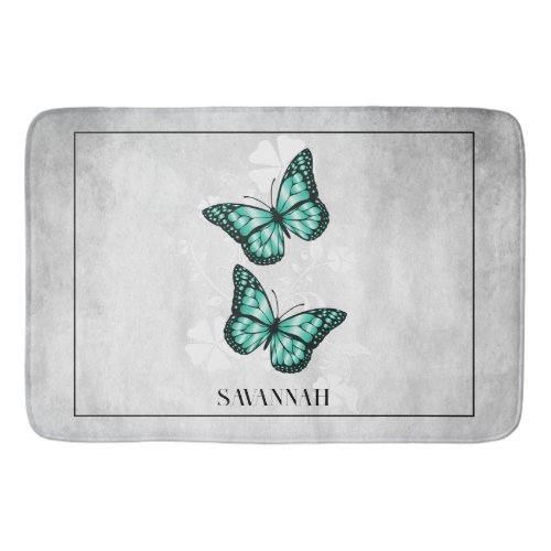 Teal Butterfly Floral Personalized Bath Mat