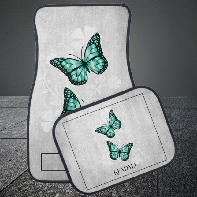 Teal Butterfly Floral Personalized Car Floor Mat (Teal Butterfly Floral Personalized Car Mats)
