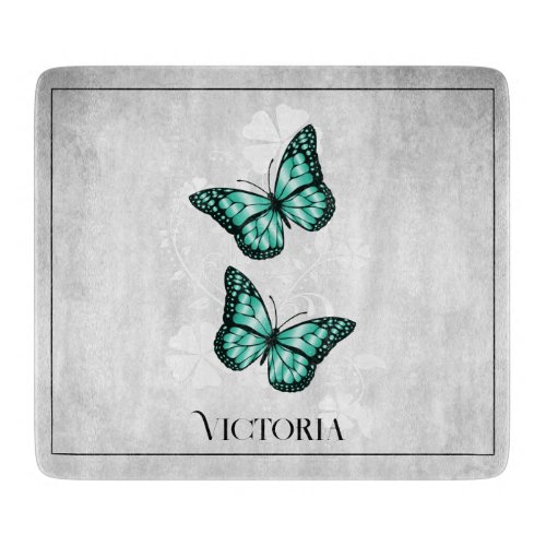 Teal Butterfly Floral Personalized Cutting Board