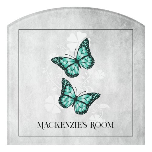 Teal Butterfly Floral Personalized Door Sign