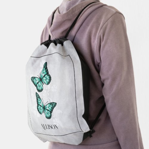 Teal Butterfly Floral Personalized Drawstring Bag