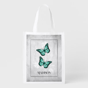 Teal Butterfly Floral Personalized Grocery Bag