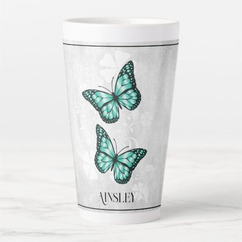 Teal Butterfly Floral Personalized Latte Mug