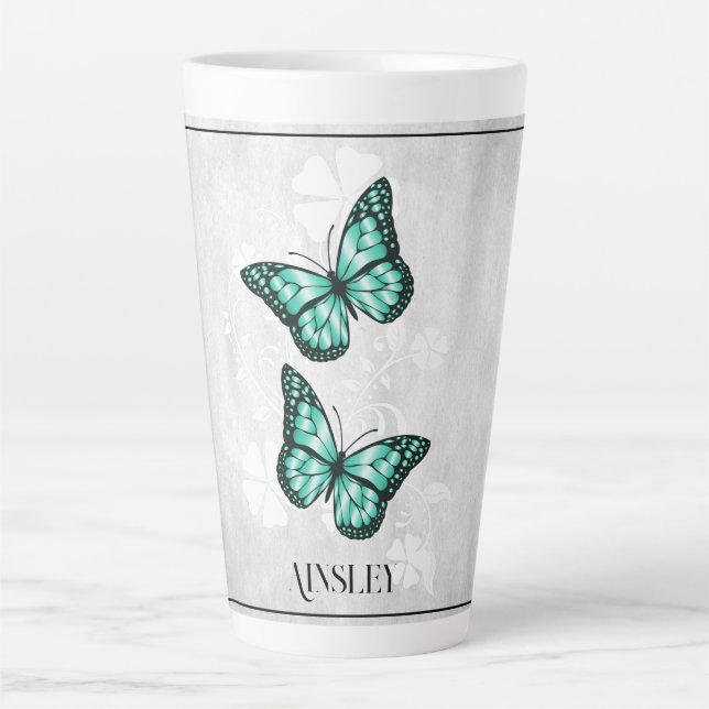 Teal Butterfly Floral Personalized Latte Mug (Front)