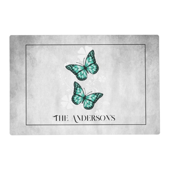 Teal Butterfly Floral Personalized Placemat (Front)