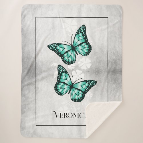 Teal Butterfly Floral Personalized Sherpa Blanket