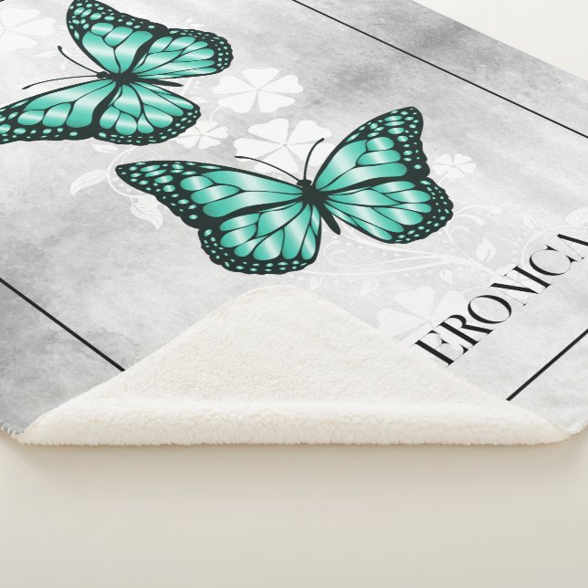 Teal Butterfly Floral Personalized Sherpa Blanket (3/4)