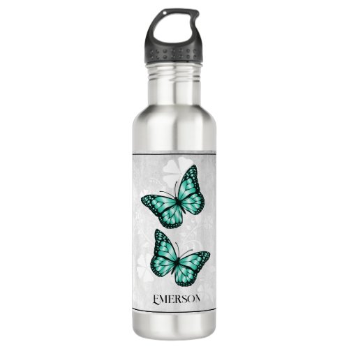 Teal Butterfly Floral Personalized Stainless Steel Water Bottle