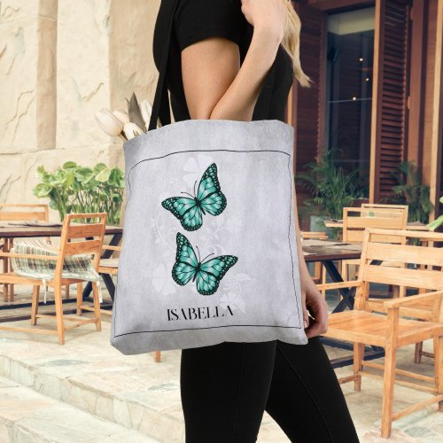 Teal Butterfly Floral Personalized Tote Bag