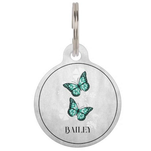 Teal Butterfly Floral Round Pet Tag