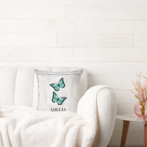 Teal Butterfly Floral Throw Pillow