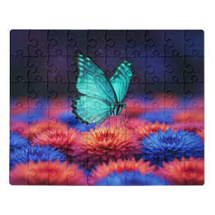 Teal Butterfly in a Neon Garden Puzzle