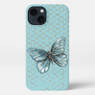 Teal Butterfly in Chain Link Fence Design iPhone 13 Case