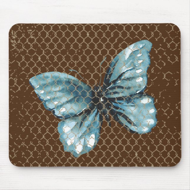 Teal Butterfly in Chain Link Fence Design Mouse Pad (Front)