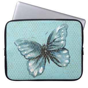 Teal Butterfly in Chain Link Fence Laptop Sleeve