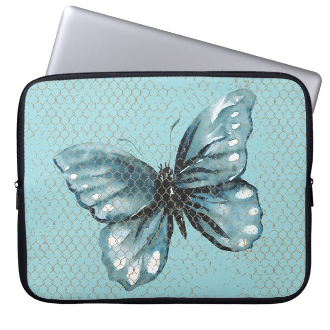 Teal Butterfly in Chain Link Fence Laptop Sleeve (Front)