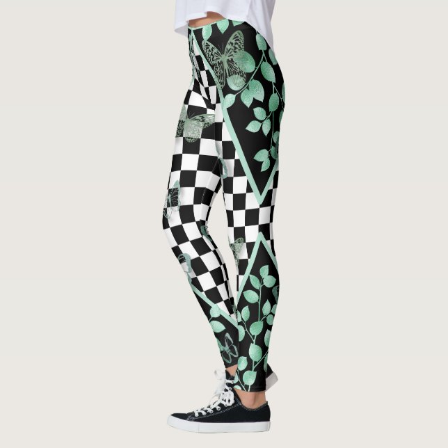 Teal Butterfly Leaf Black and White Checkered Leggings (Left)