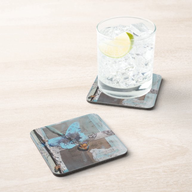 Teal Butterfly Mixed Media Art Beverage Coaster (Right Side)
