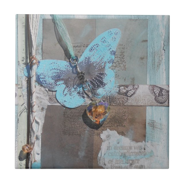 Teal Butterfly Mixed Media Art Ceramic Tile (Front)