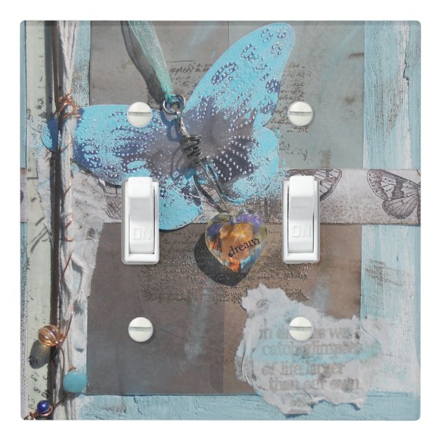 Teal Butterfly Mixed Media Art Light Switch Cover (In Situ)
