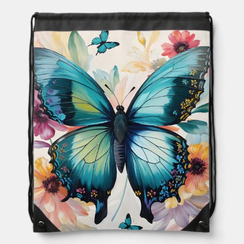 Teal Butterfly Multicolor Floral Art Drawstring Bag