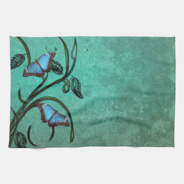 Teal Butterfly Pair Kitchen Towel (Horizontal)