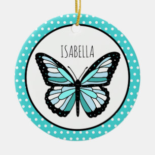 Teal Butterfly Polka Dots Personalized Christmas Ceramic Ornament