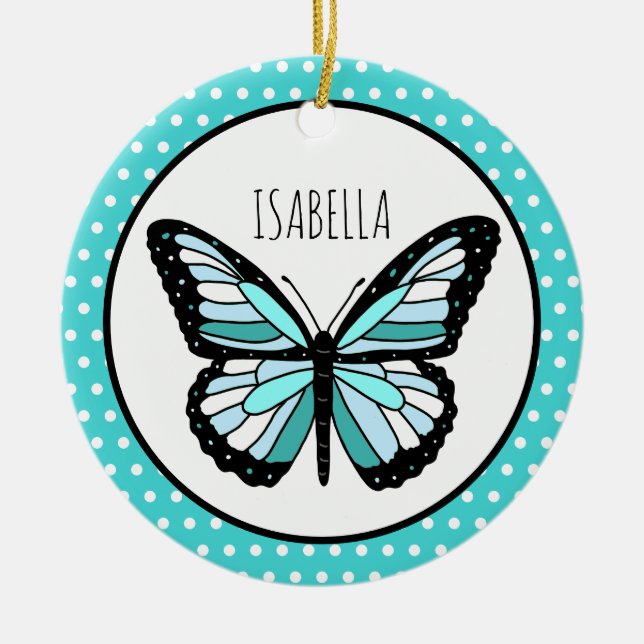 Teal Butterfly Polka Dots Personalized Christmas Ceramic Ornament (Front)