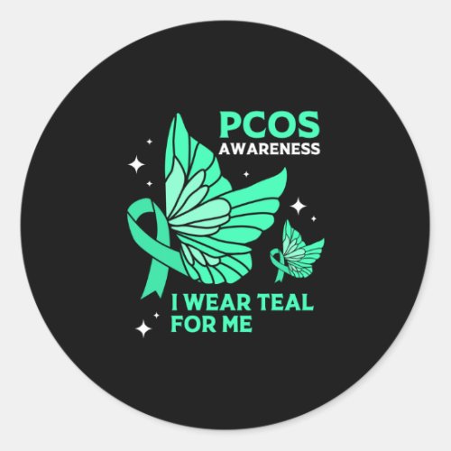 Teal Butterfly Ribbon Pcos I Wear Teal For Me Classic Round Sticker