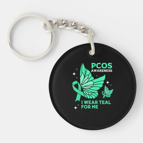 Teal Butterfly Ribbon Pcos I Wear Teal For Me Keychain