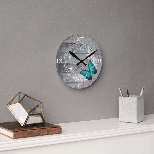 Teal Butterfly Rustic Acrylic Wall Clock (Office)