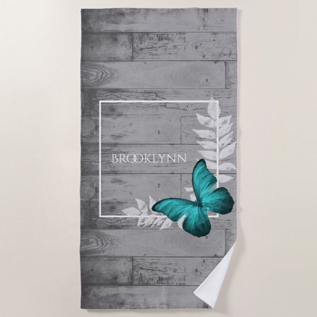 Teal Butterfly Rustic Beach Towel (Front)