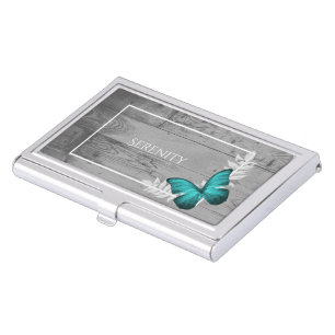 Teal Butterfly Rustic Business Card Case