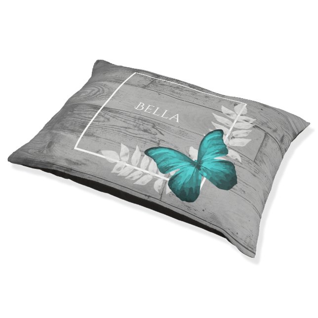 Teal Butterfly Rustic Dog Bed (Angled)