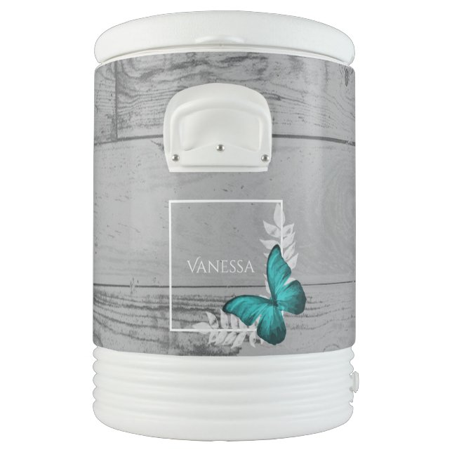 Teal Butterfly Rustic Personalized Beverage Cooler (Left)