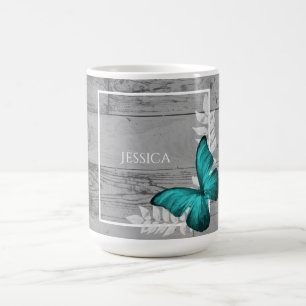 Teal Butterfly Rustic Personalized Coffee Mug