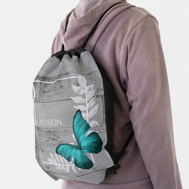 Teal Butterfly Rustic Personalized Drawstring Bag (Insitu)