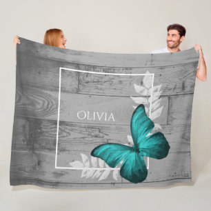 Teal Butterfly Rustic Personalized Fleece Blanket