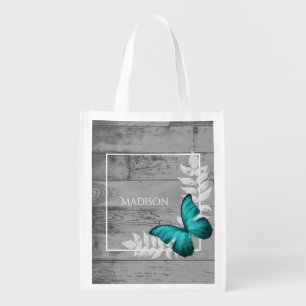 Teal Butterfly Rustic Personalized Grocery Bag