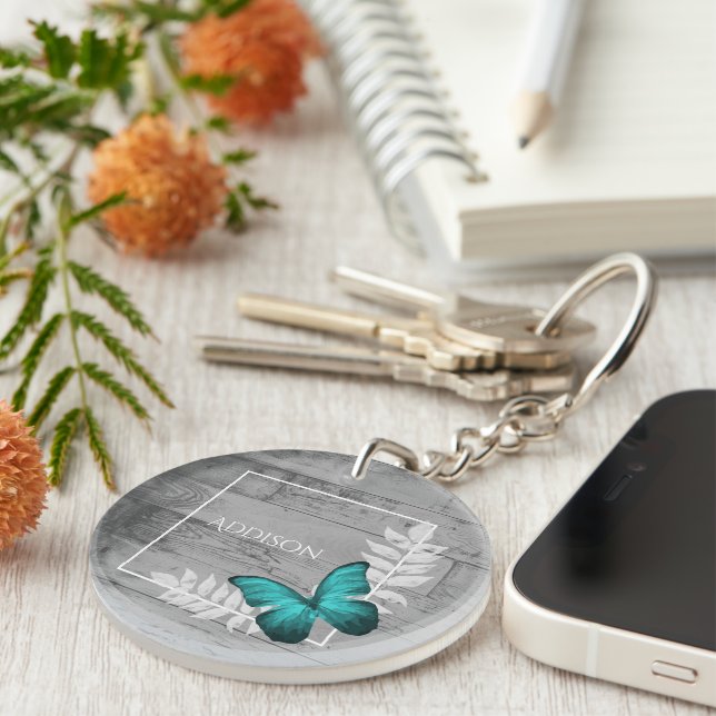 Teal Butterfly Rustic Personalized Keychain (Front Right)