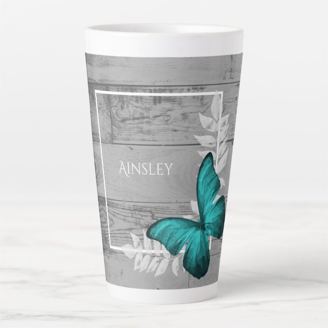 Teal Butterfly Rustic Personalized Latte Mug (Front)