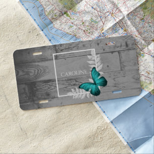 Teal Butterfly Rustic Personalized License Plate