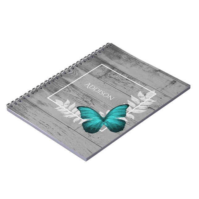 Teal Butterfly Rustic Personalized Notebook (Left Side)