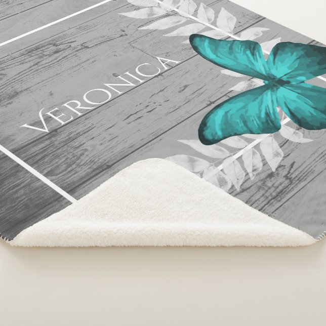 Teal Butterfly Rustic Personalized Sherpa Blanket (3/4)