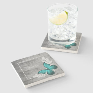 Teal Butterfly Rustic Personalized Stone Coaster