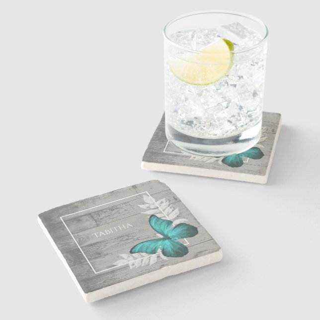 Teal Butterfly Rustic Personalized Stone Coaster (Side)